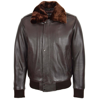Mens Leather Bomber Pilot Jacket Removable Collar Leroy Brown - genuine leather jacket in brown with two outer pockets
