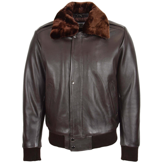 Mens Leather Bomber Pilot Jacket Removable Collar Leroy Brown - genuine leather jacket in brown with two outer pockets