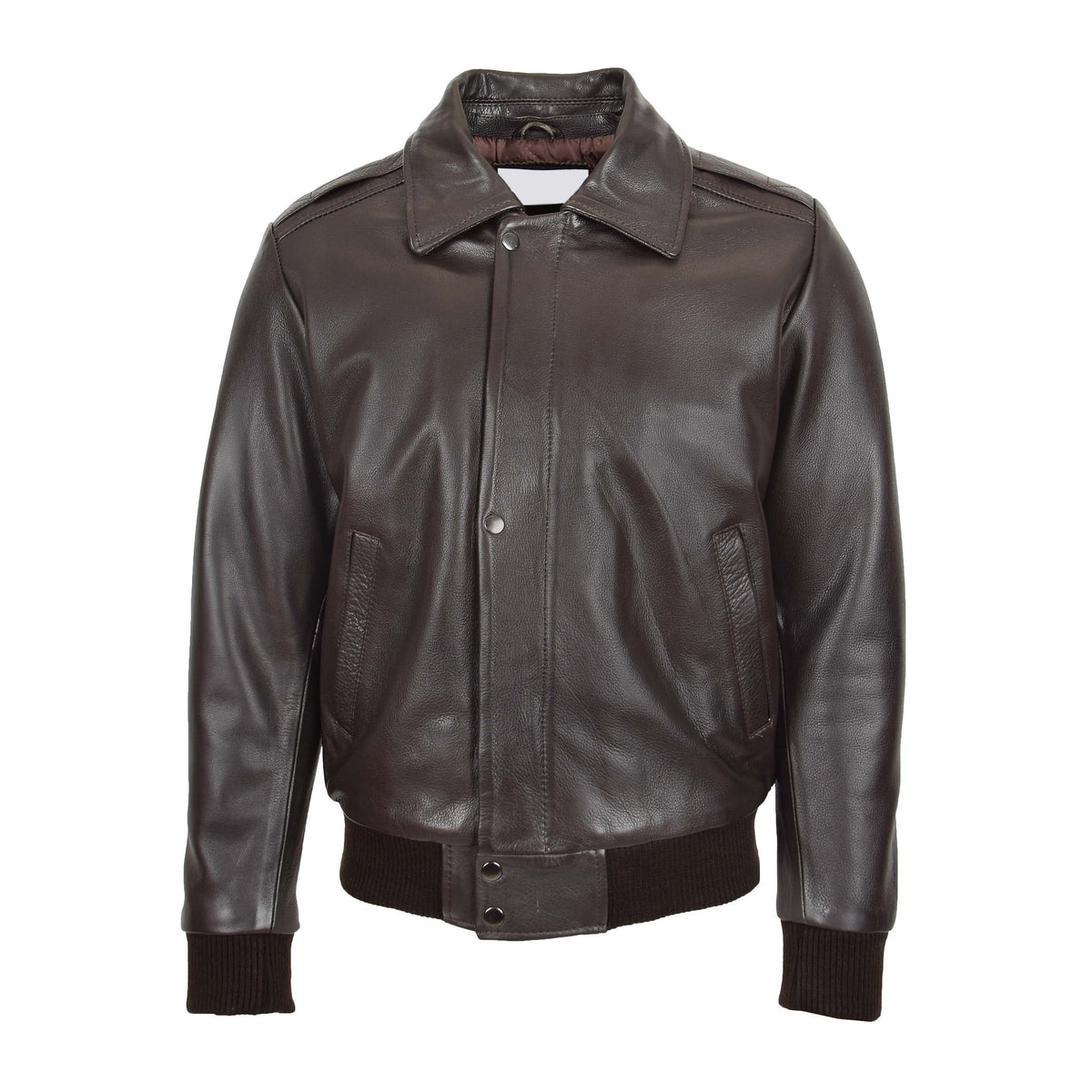 Mens Leather Bomber Pilot Jacket Removable Collar Leroy Brown - genuine leather jacket in brown with two outer pockets