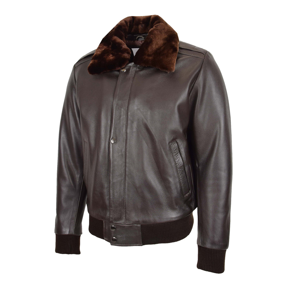 Mens Leather Bomber Pilot Jacket Removable Collar Leroy Brown - genuine leather jacket in brown with bomber