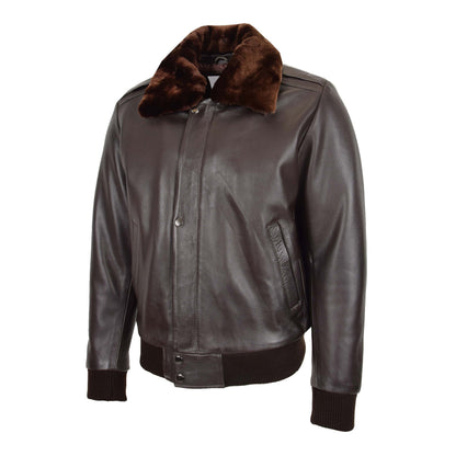 Mens Leather Bomber Pilot Jacket Removable Collar Leroy Brown - genuine leather jacket in brown with bomber