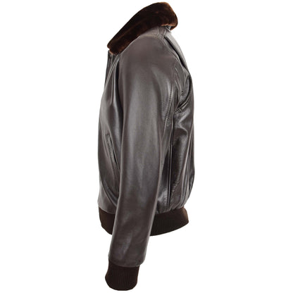 Mens Leather Bomber Pilot Jacket Removable Collar Leroy Brown - genuine leather jacket in brown with two outer pockets