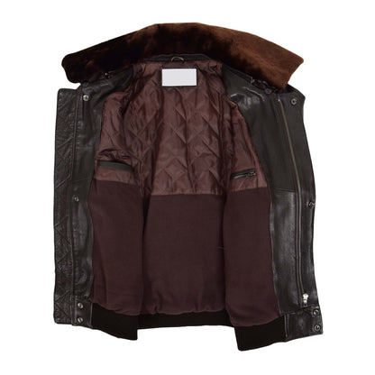 Mens Leather Bomber Pilot Jacket Removable Collar Leroy Brown - genuine leather jacket in brown with bomber