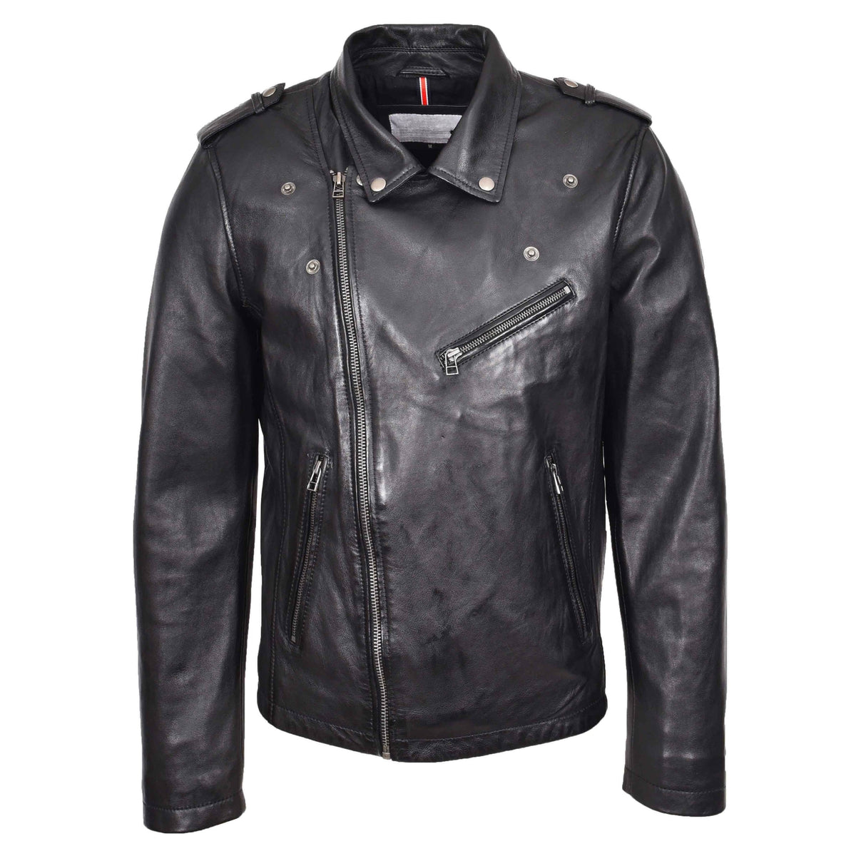 Mens Leather Brando Biker Jacket Cross Zip Daylen Black - genuine leather jacket in black with three outer pockets