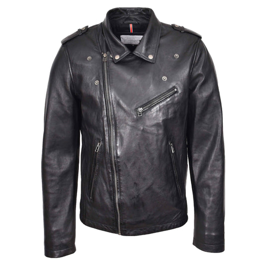 Mens Leather Brando Biker Jacket Cross Zip Daylen Black - genuine leather jacket in black with three outer pockets