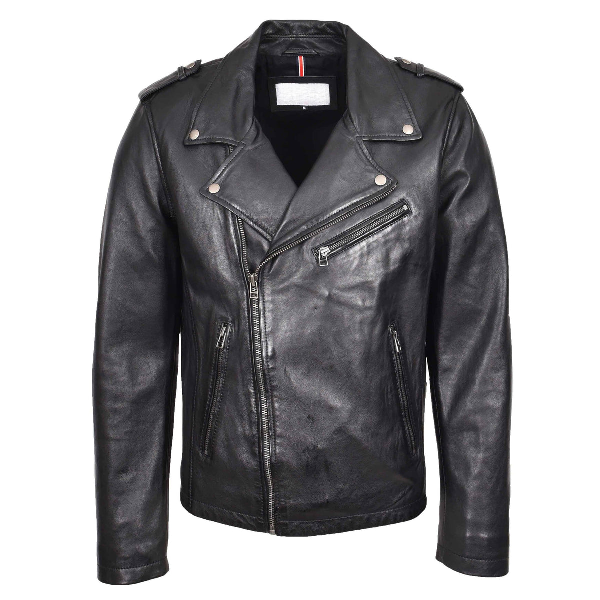 Mens Leather Brando Biker Jacket Cross Zip Daylen Black - genuine leather jacket in black with cross zip