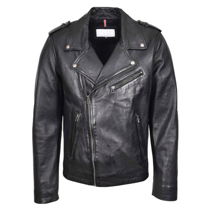 Mens Leather Brando Biker Jacket Cross Zip Daylen Black - genuine leather jacket in black with cross zip
