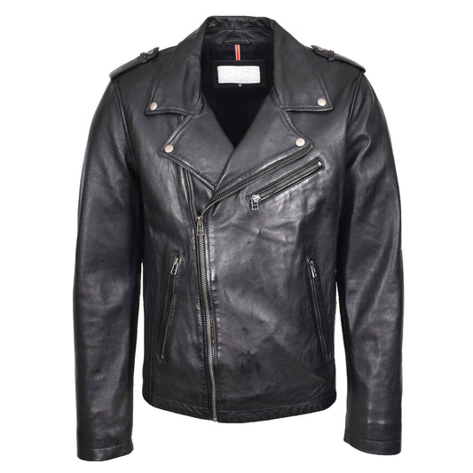 Mens Leather Brando Biker Jacket Cross Zip Daylen Black - genuine leather jacket in black with cross zip