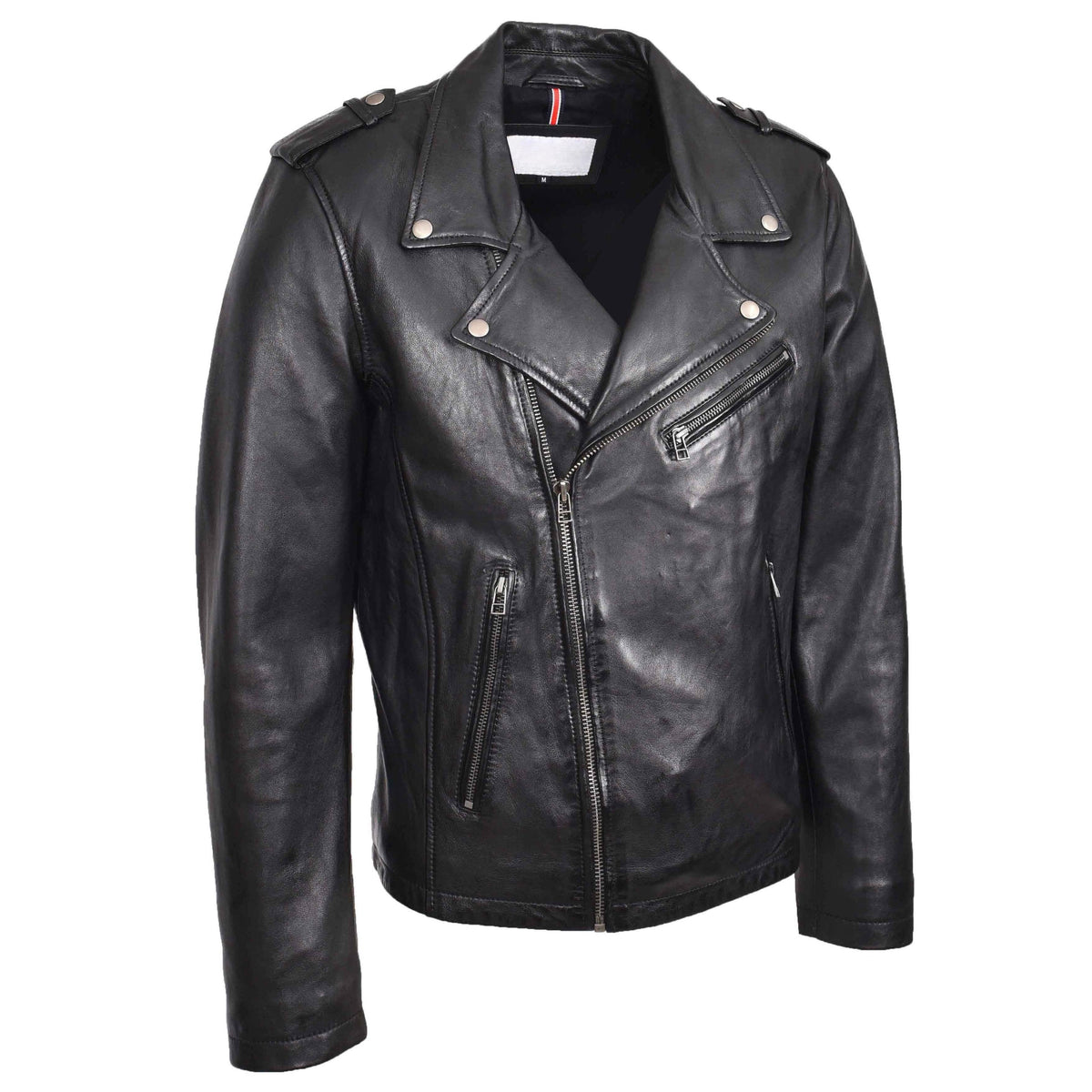 Mens Leather Brando Biker Jacket Cross Zip Daylen Black - genuine leather jacket in black with biker