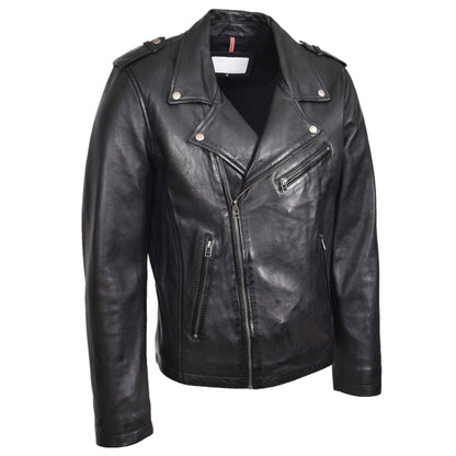 Mens Leather Brando Biker Jacket Cross Zip Daylen Black - genuine leather jacket in black with biker