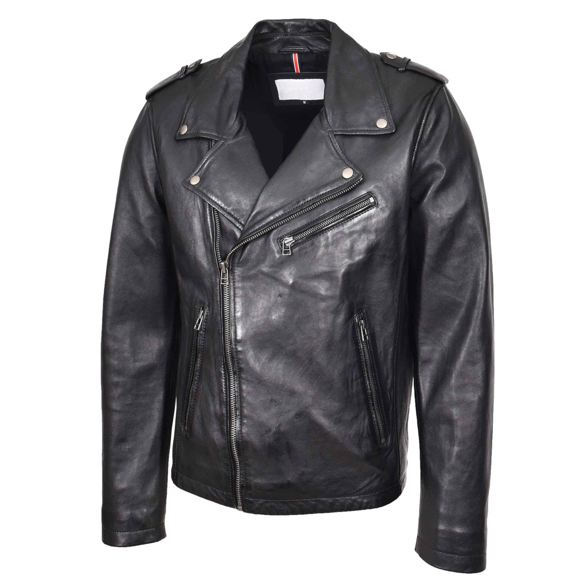 Mens Leather Brando Biker Jacket Cross Zip Daylen Black - genuine leather jacket in black with three outer pockets