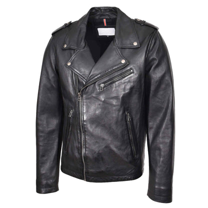 Mens Leather Brando Biker Jacket Cross Zip Daylen Black - genuine leather jacket in black with three outer pockets