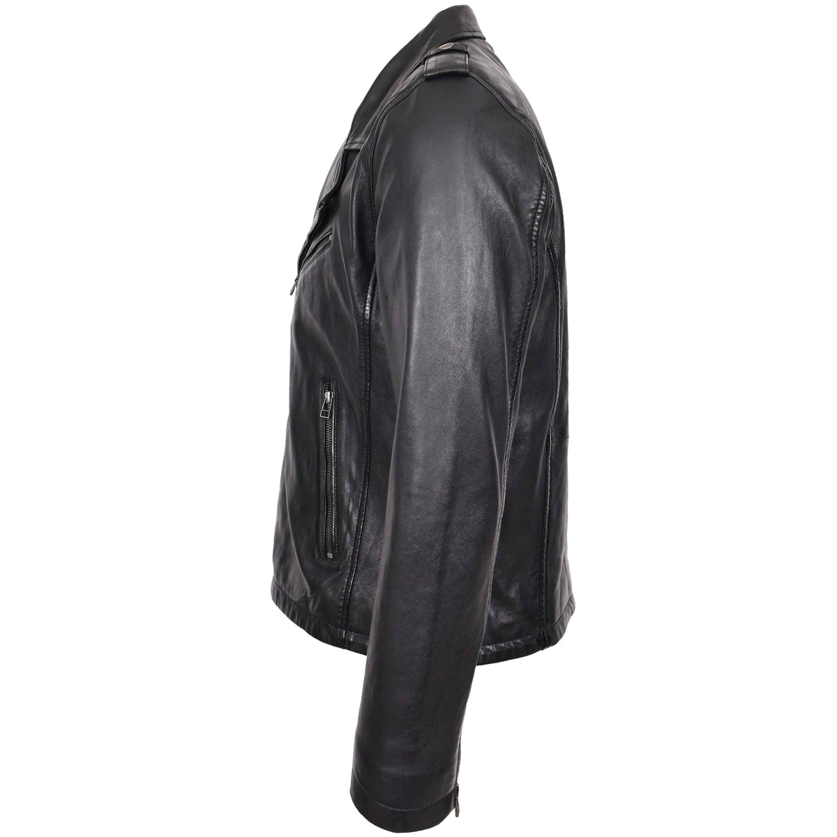 Mens Leather Brando Biker Jacket Cross Zip Daylen Black - genuine leather jacket in black with cross zip
