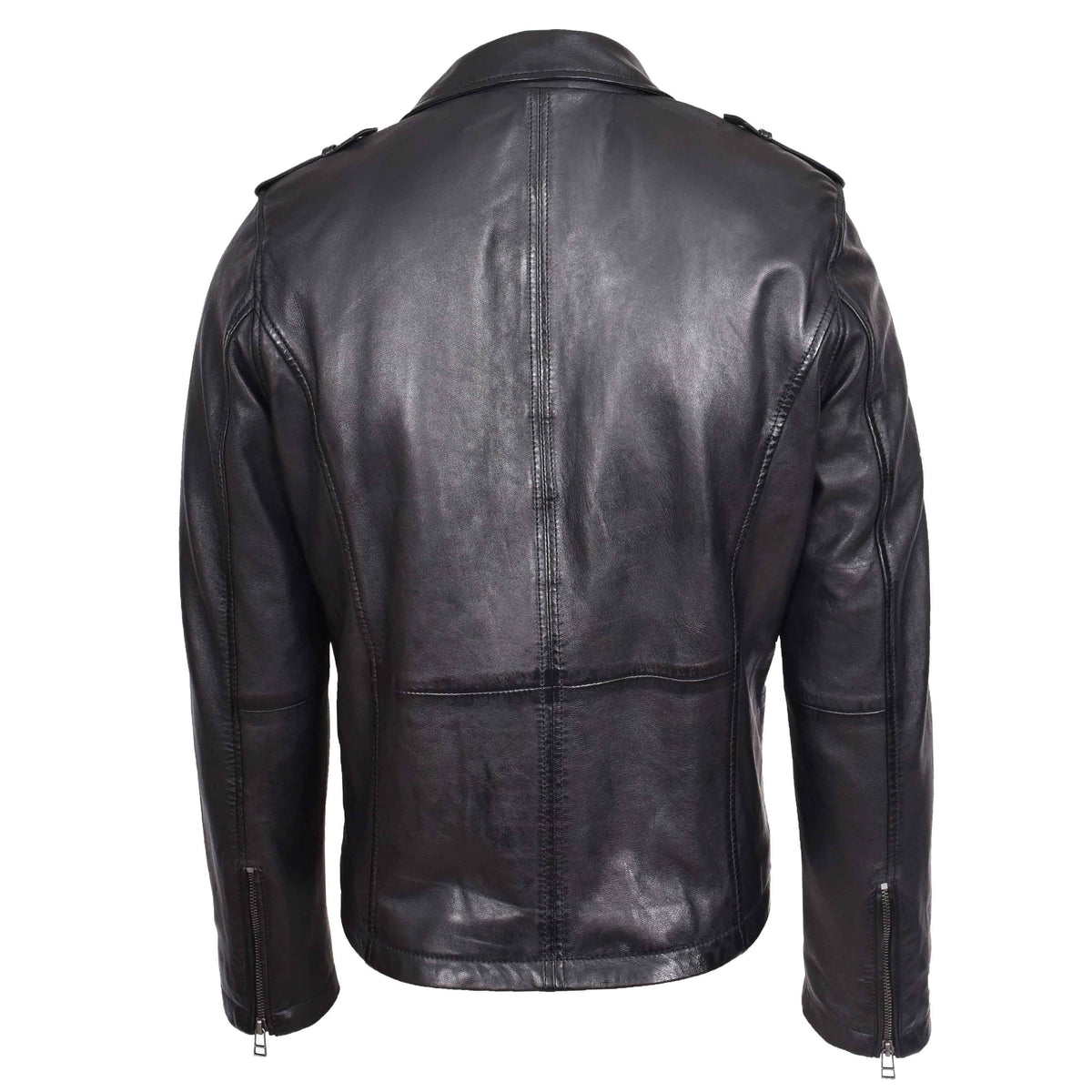 Mens Leather Brando Biker Jacket Cross Zip Daylen Black - genuine leather jacket in black with three outer pockets