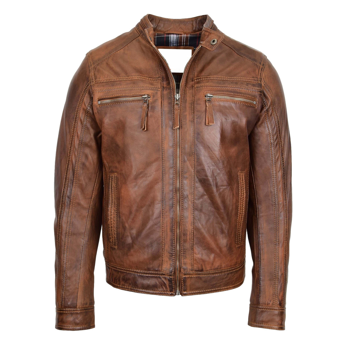 Mens Leather Cafe Racer Biker Jacket Charlie Antique Brown - genuine leather jacket in antique brown with four outer pockets