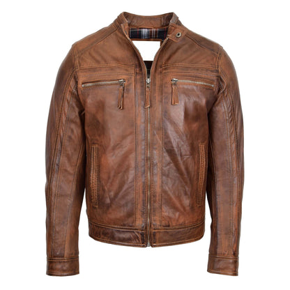 Mens Leather Cafe Racer Biker Jacket Charlie Antique Brown - genuine leather jacket in antique brown with four outer pockets