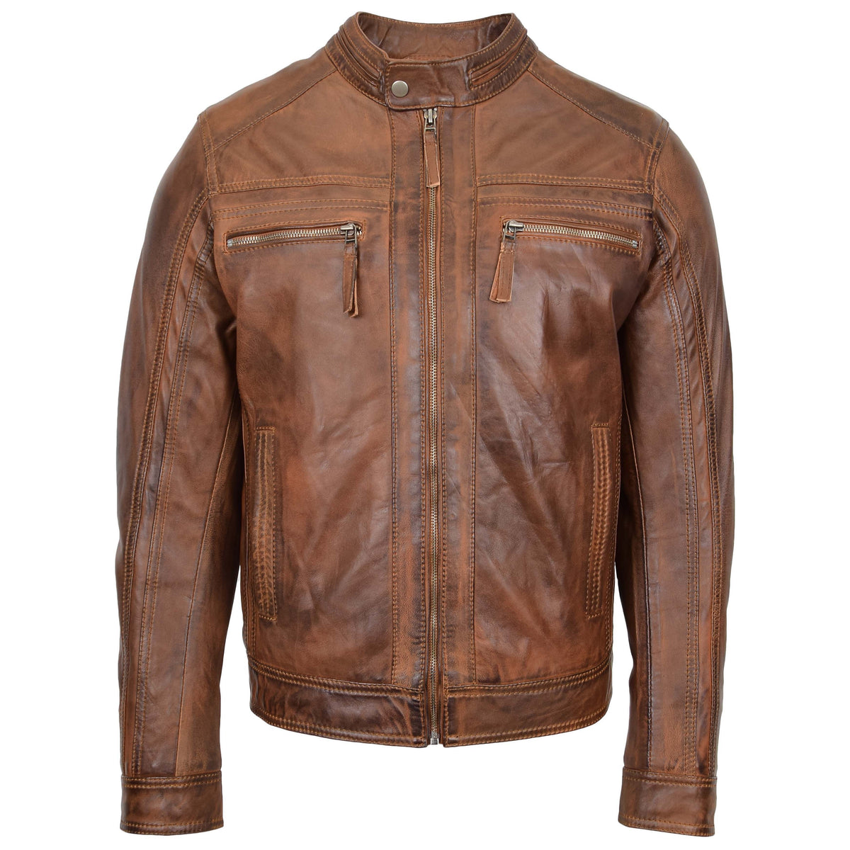 Mens Leather Cafe Racer Biker Jacket Charlie Antique Brown - genuine leather jacket in antique brown with biker