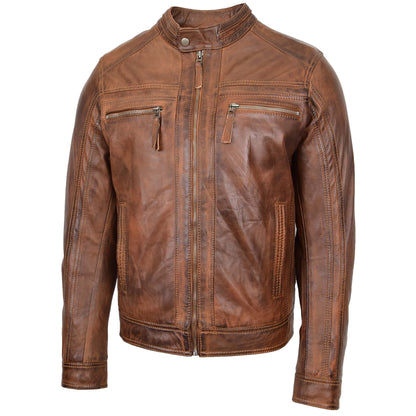 Mens Leather Cafe Racer Biker Jacket Charlie Antique Brown - genuine leather jacket in antique brown with four outer pockets