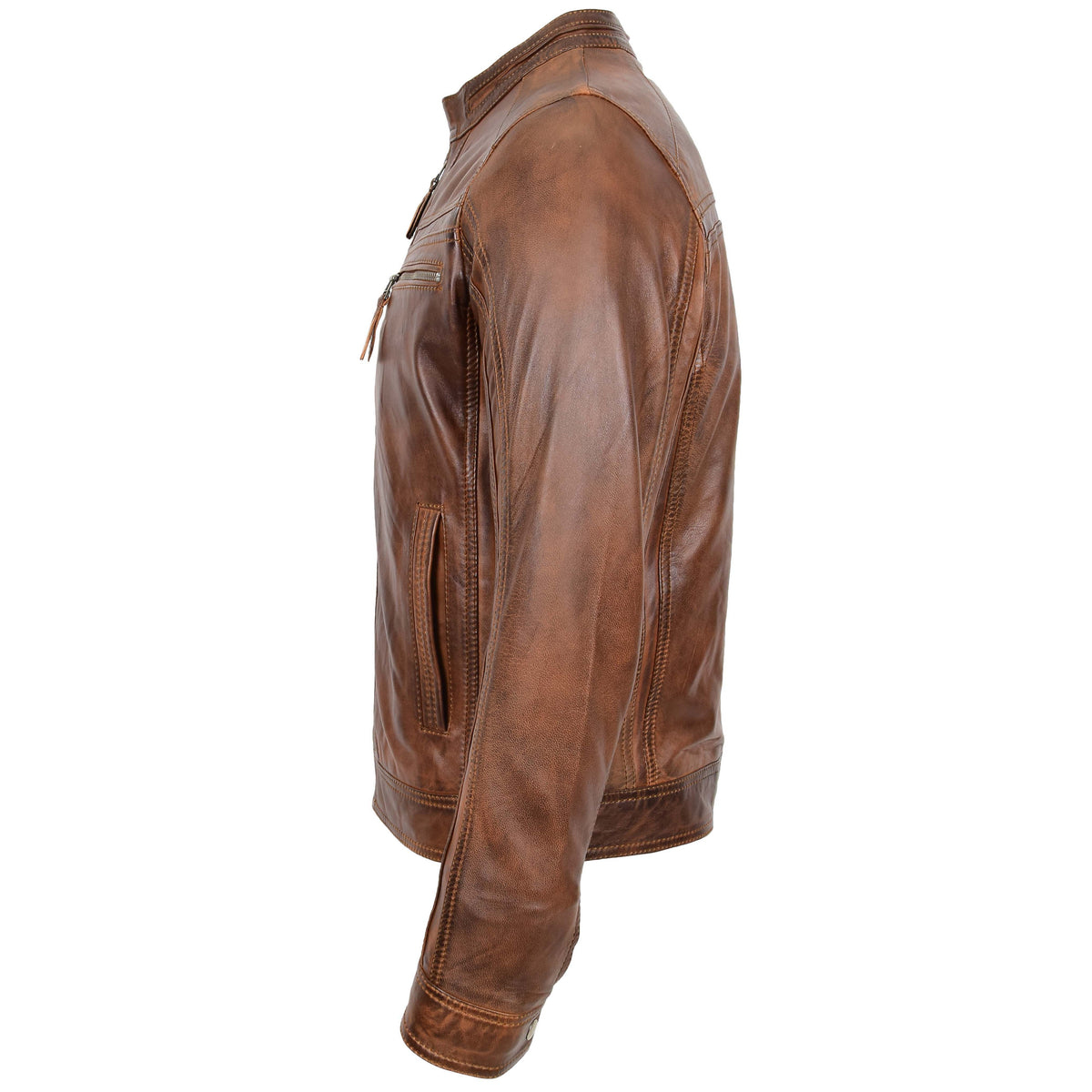Mens Leather Cafe Racer Biker Jacket Charlie Antique Brown - genuine leather jacket in antique brown with biker