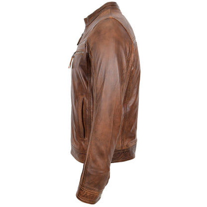 Mens Leather Cafe Racer Biker Jacket Charlie Antique Brown - genuine leather jacket in antique brown with biker