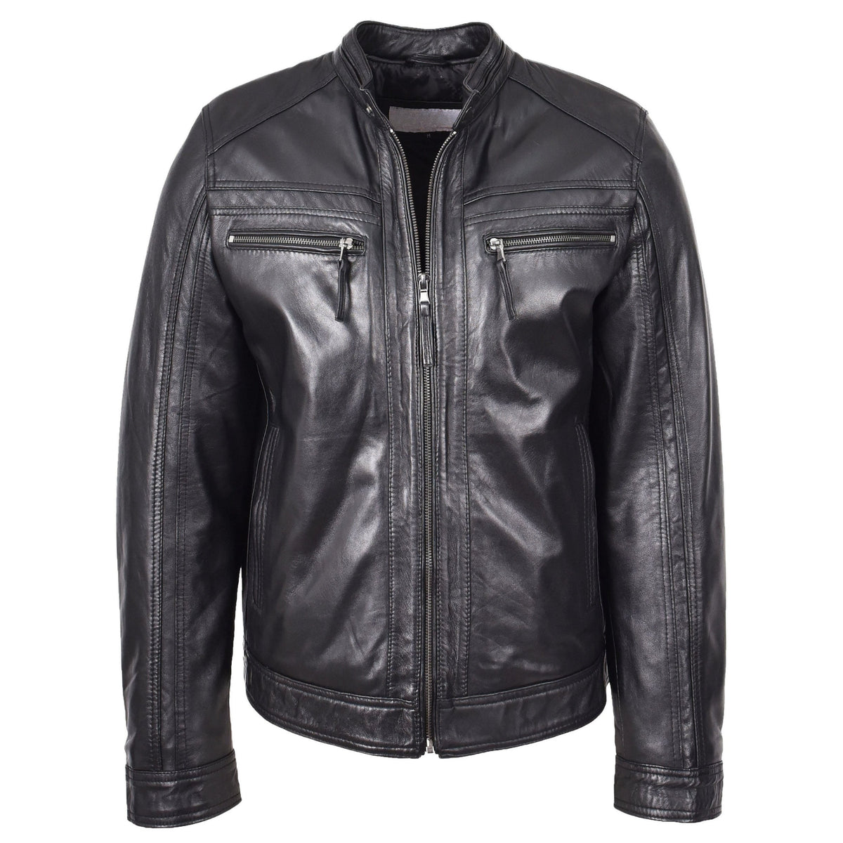 Mens Leather Cafe Racer Biker Jacket Charlie Black - genuine leather jacket in black with four outer pockets