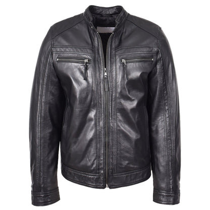 Mens Leather Cafe Racer Biker Jacket Charlie Black - genuine leather jacket in black with four outer pockets
