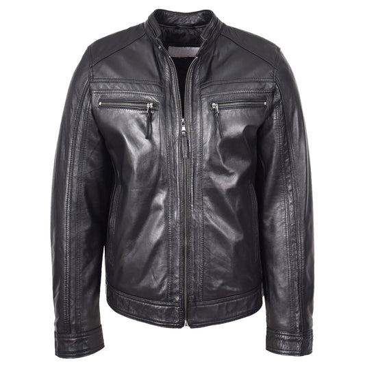 Mens Leather Cafe Racer Biker Jacket Charlie Black - genuine leather jacket in black with four outer pockets