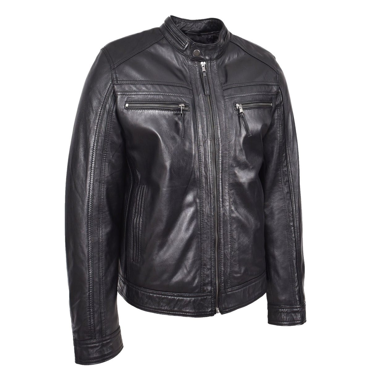 Mens Leather Cafe Racer Biker Jacket Charlie Black - genuine leather jacket in black with biker