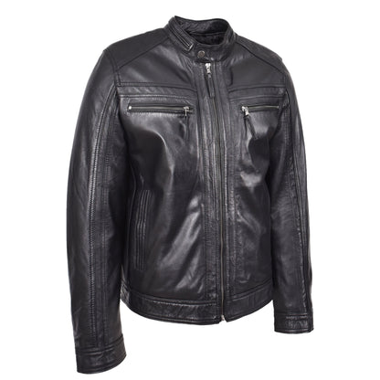 Mens Leather Cafe Racer Biker Jacket Charlie Black - genuine leather jacket in black with biker