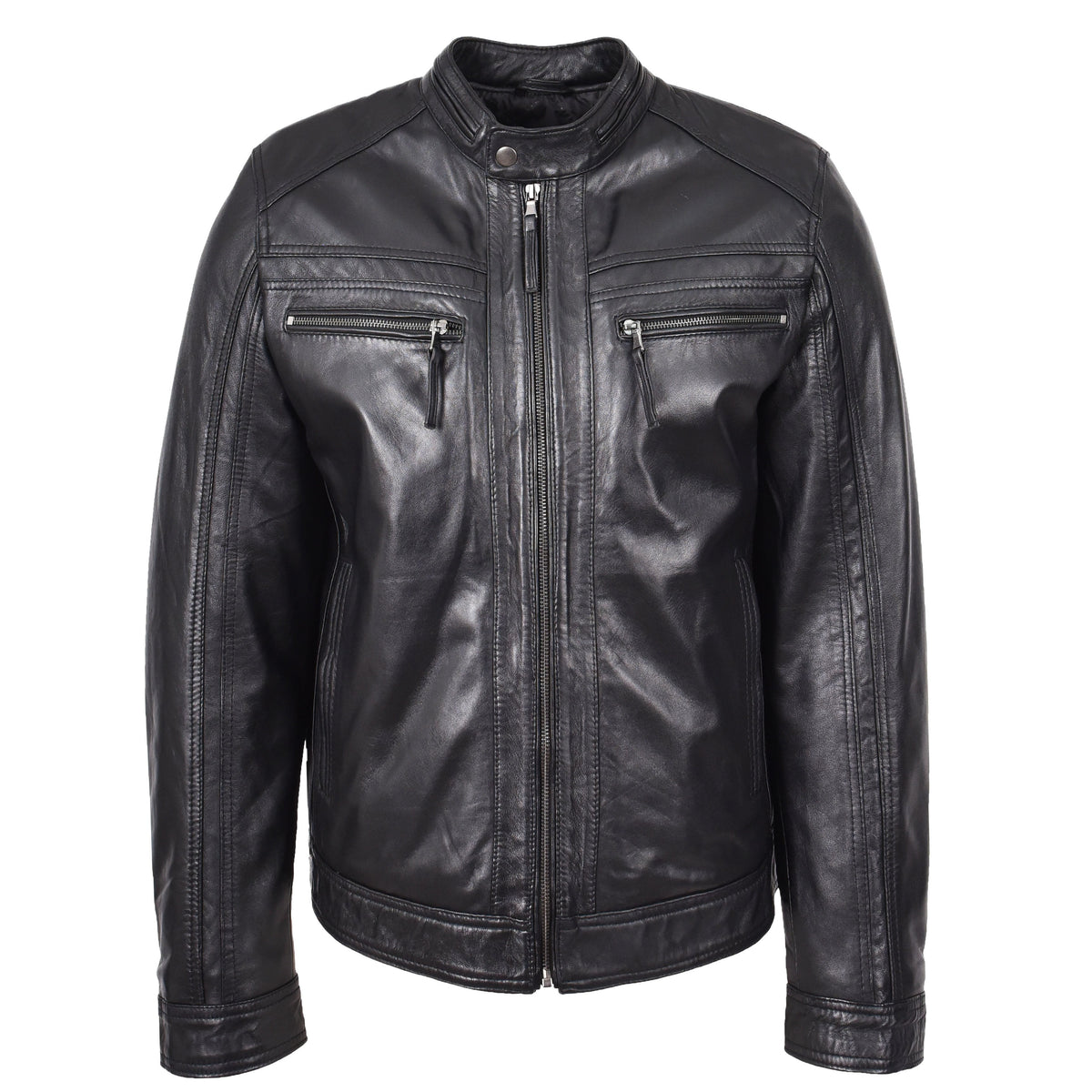 Mens Leather Cafe Racer Biker Jacket Charlie Black - genuine leather jacket in black with four outer pockets