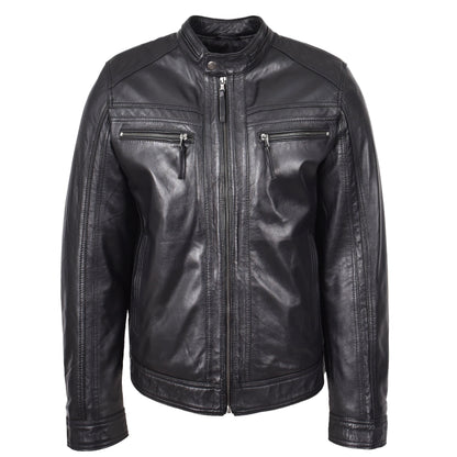 Mens Leather Cafe Racer Biker Jacket Charlie Black - genuine leather jacket in black with four outer pockets