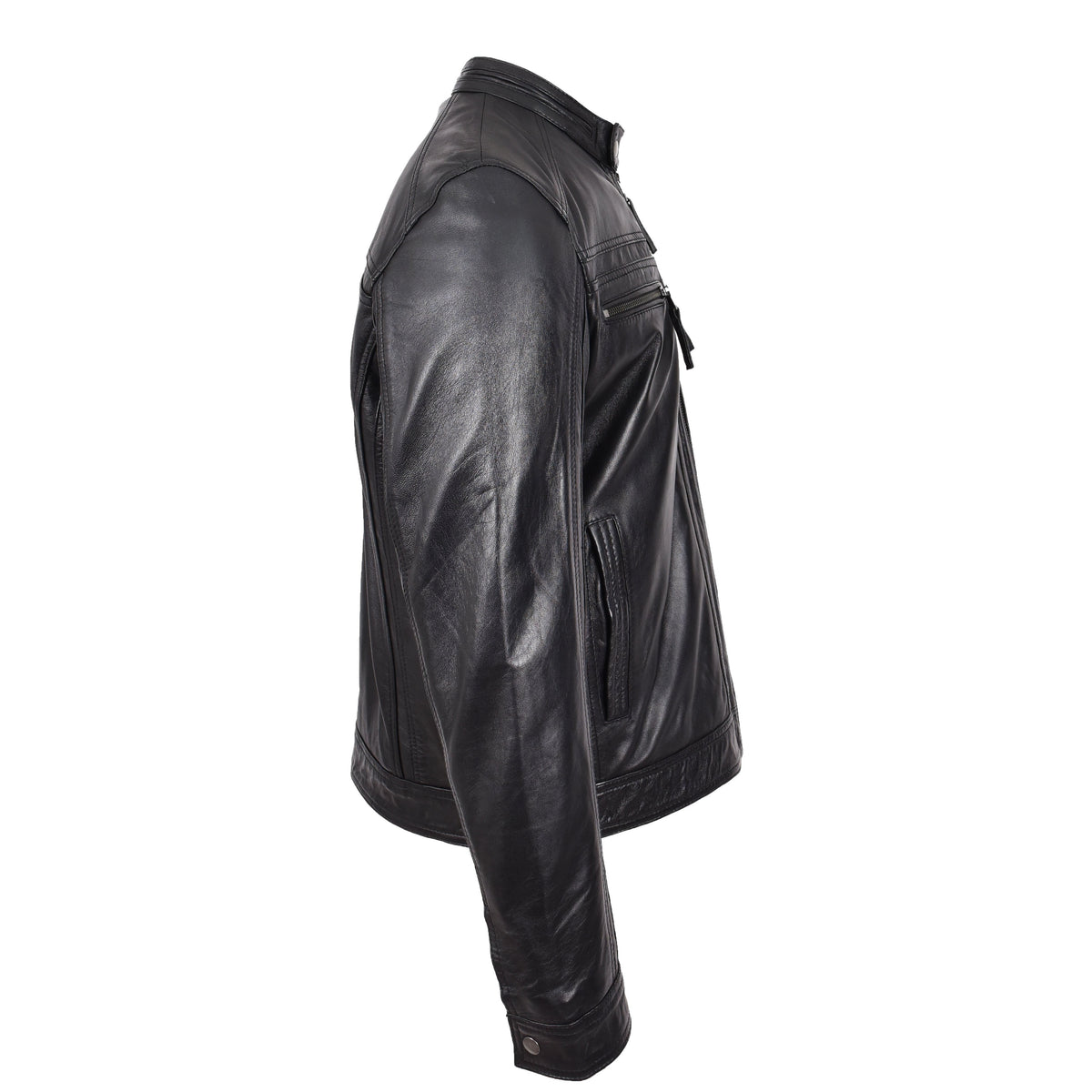Mens Leather Cafe Racer Biker Jacket Charlie Black - genuine leather jacket in black with biker