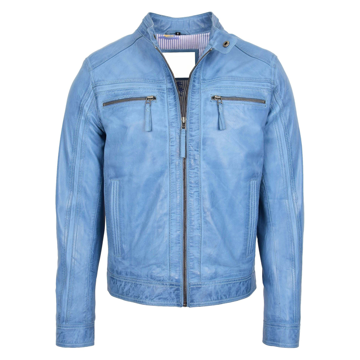 Mens Leather Cafe Racer Biker Jacket Charlie Sky Blue - genuine leather jacket in blue with four outer pockets