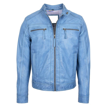 Mens Leather Cafe Racer Biker Jacket Charlie Sky Blue - genuine leather jacket in blue with four outer pockets