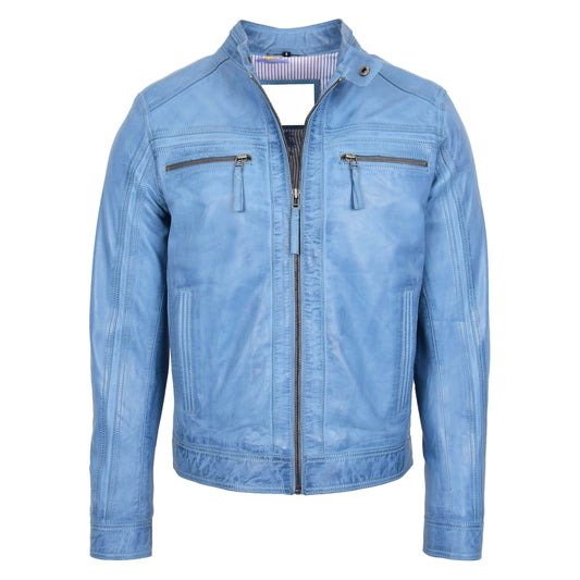 Mens Leather Cafe Racer Biker Jacket Charlie Sky Blue - genuine leather jacket in blue with four outer pockets