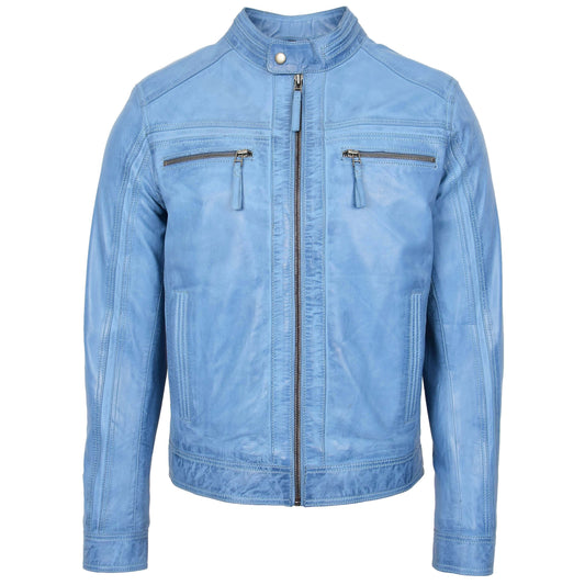 Mens Leather Cafe Racer Biker Jacket Charlie Sky Blue - genuine leather jacket in blue with biker