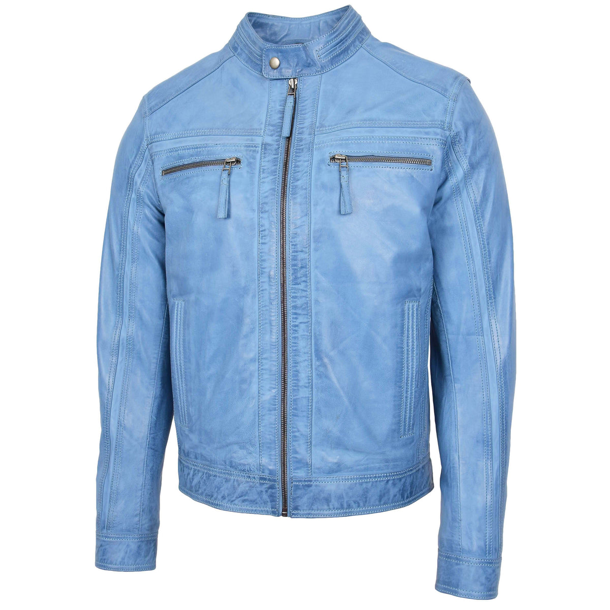 Mens Leather Cafe Racer Biker Jacket Charlie Sky Blue - genuine leather jacket in blue with four outer pockets