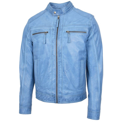 Mens Leather Cafe Racer Biker Jacket Charlie Sky Blue - genuine leather jacket in blue with four outer pockets