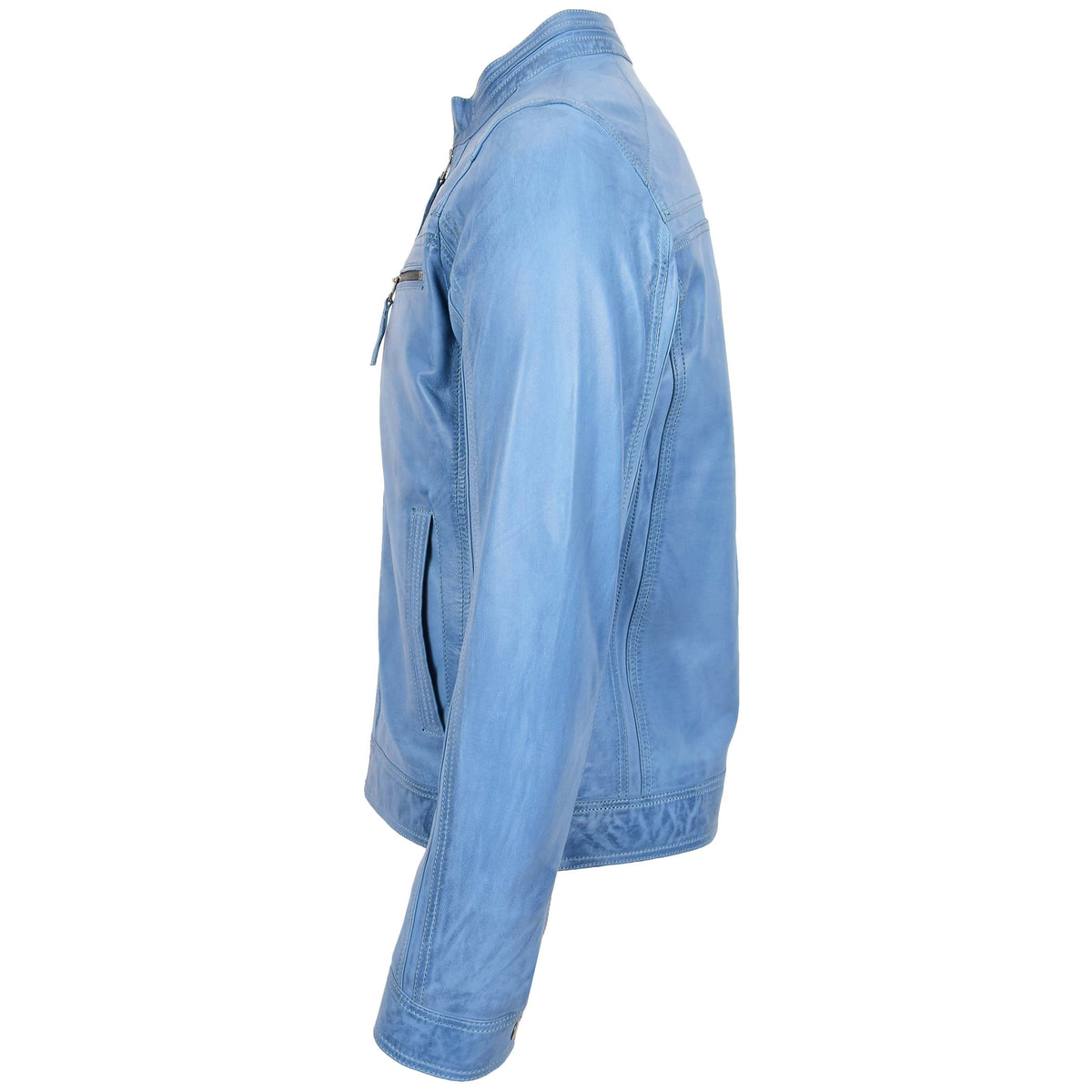 Mens Leather Cafe Racer Biker Jacket Charlie Sky Blue - genuine leather jacket in blue with biker