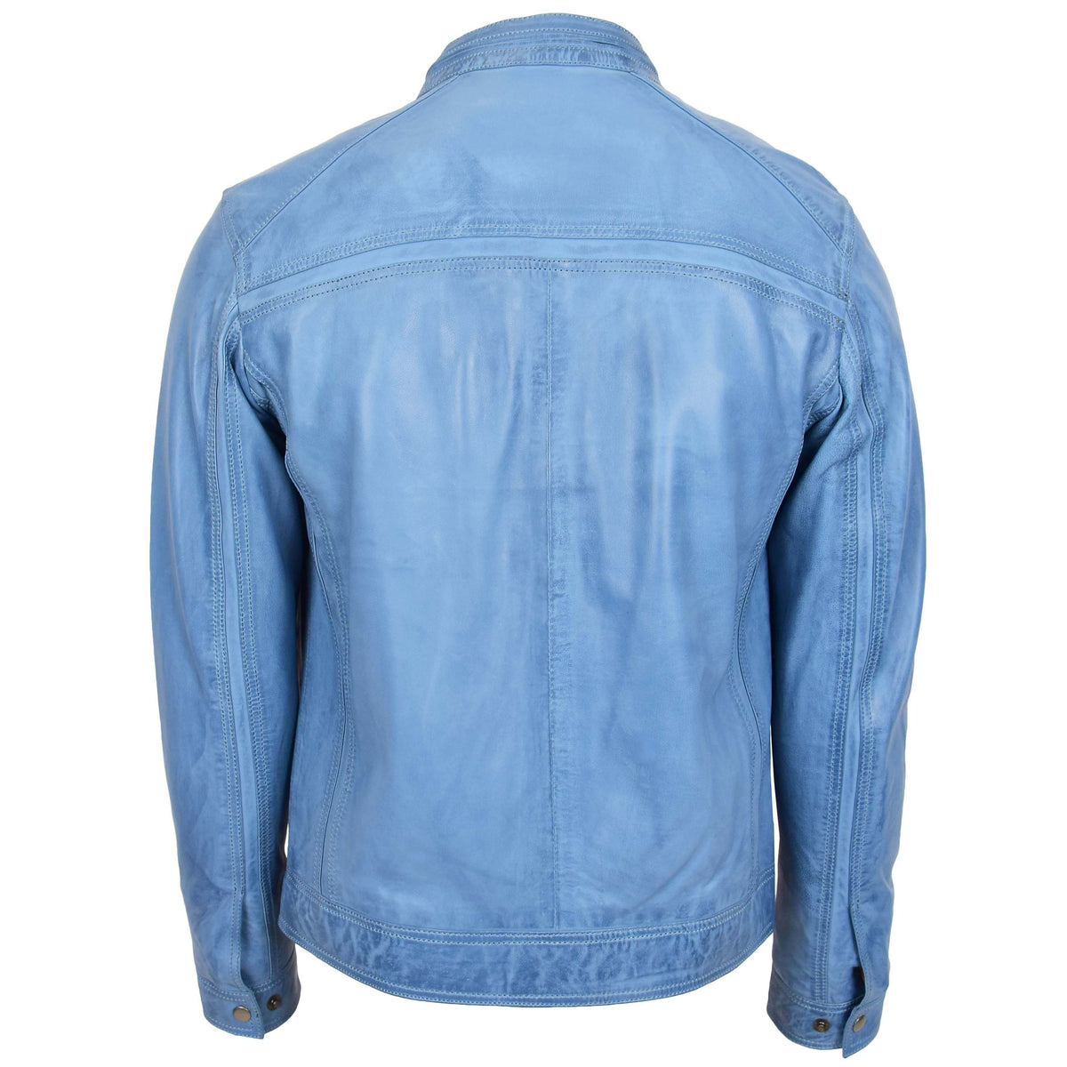 Mens Leather Cafe Racer Biker Jacket Charlie Sky Blue - genuine leather jacket in blue with biker