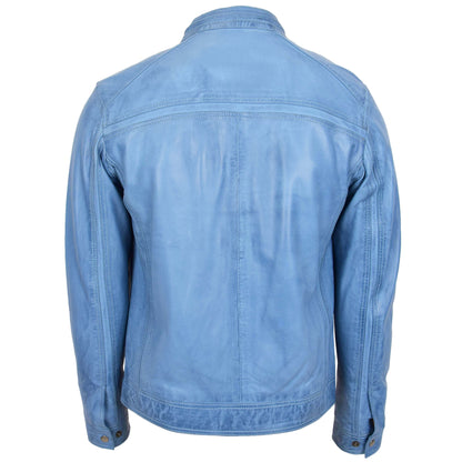 Mens Leather Cafe Racer Biker Jacket Charlie Sky Blue - genuine leather jacket in blue with biker