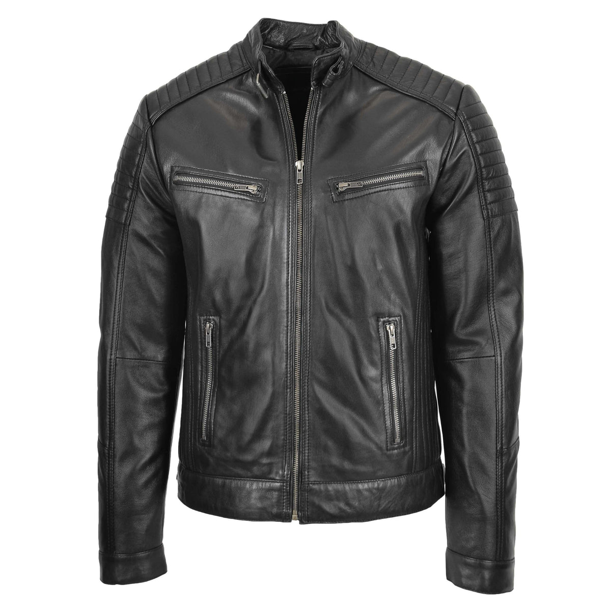 Mens Leather Cafe Racer Biker Jacket Ron Black - genuine leather jacket in black with four outer pockets