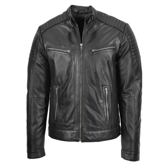 Mens Leather Cafe Racer Biker Jacket Ron Black - genuine leather jacket in black with four outer pockets