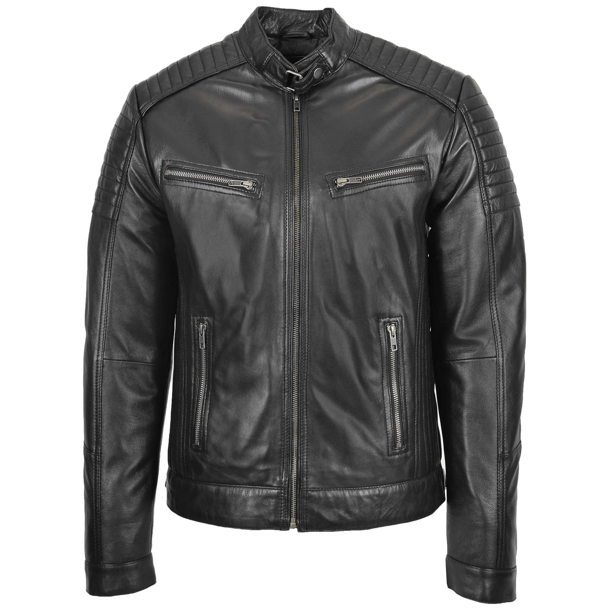 Mens Leather Cafe Racer Biker Jacket Ron Black - genuine leather jacket in black with biker