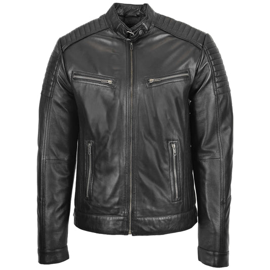 Mens Leather Cafe Racer Biker Jacket Ron Black - genuine leather jacket in black with biker