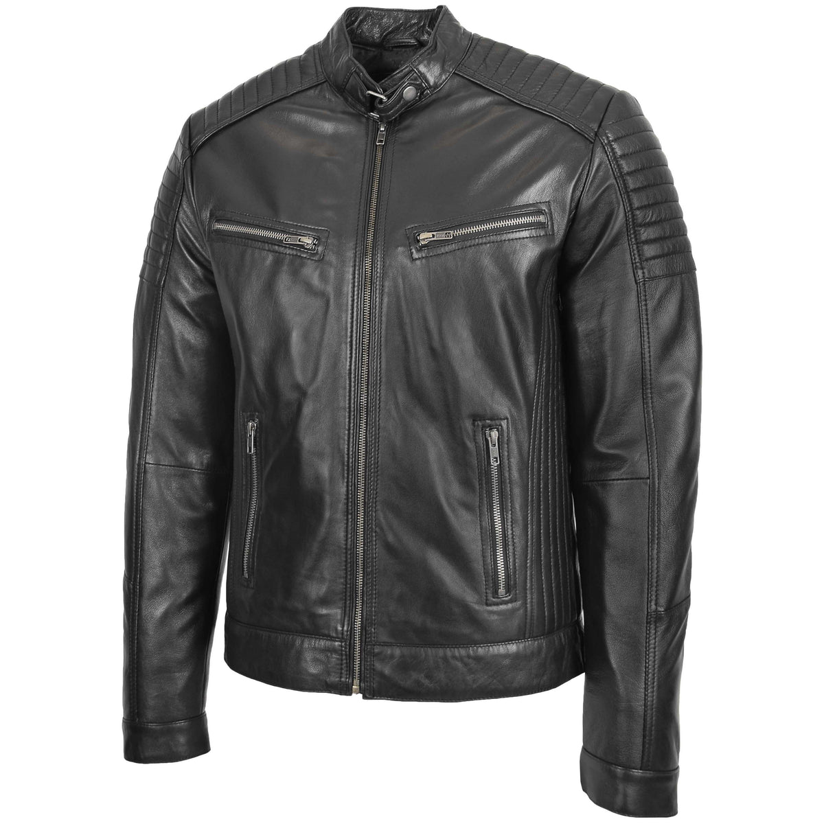 Mens Leather Cafe Racer Biker Jacket Ron Black - genuine leather jacket in black with four outer pockets