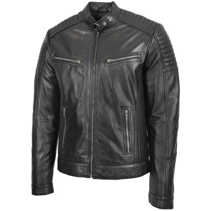 Mens Leather Cafe Racer Biker Jacket Ron Black - genuine leather jacket in black with four outer pockets