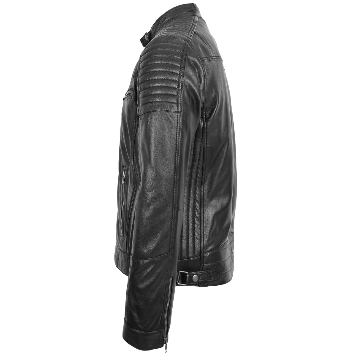 Mens Leather Cafe Racer Biker Jacket Ron Black - genuine leather jacket in black with biker