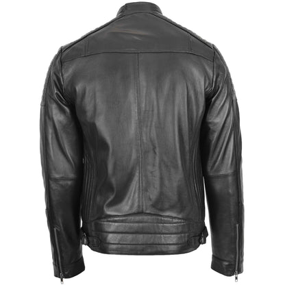 Mens Leather Cafe Racer Biker Jacket Ron Black - genuine leather jacket in black with biker
