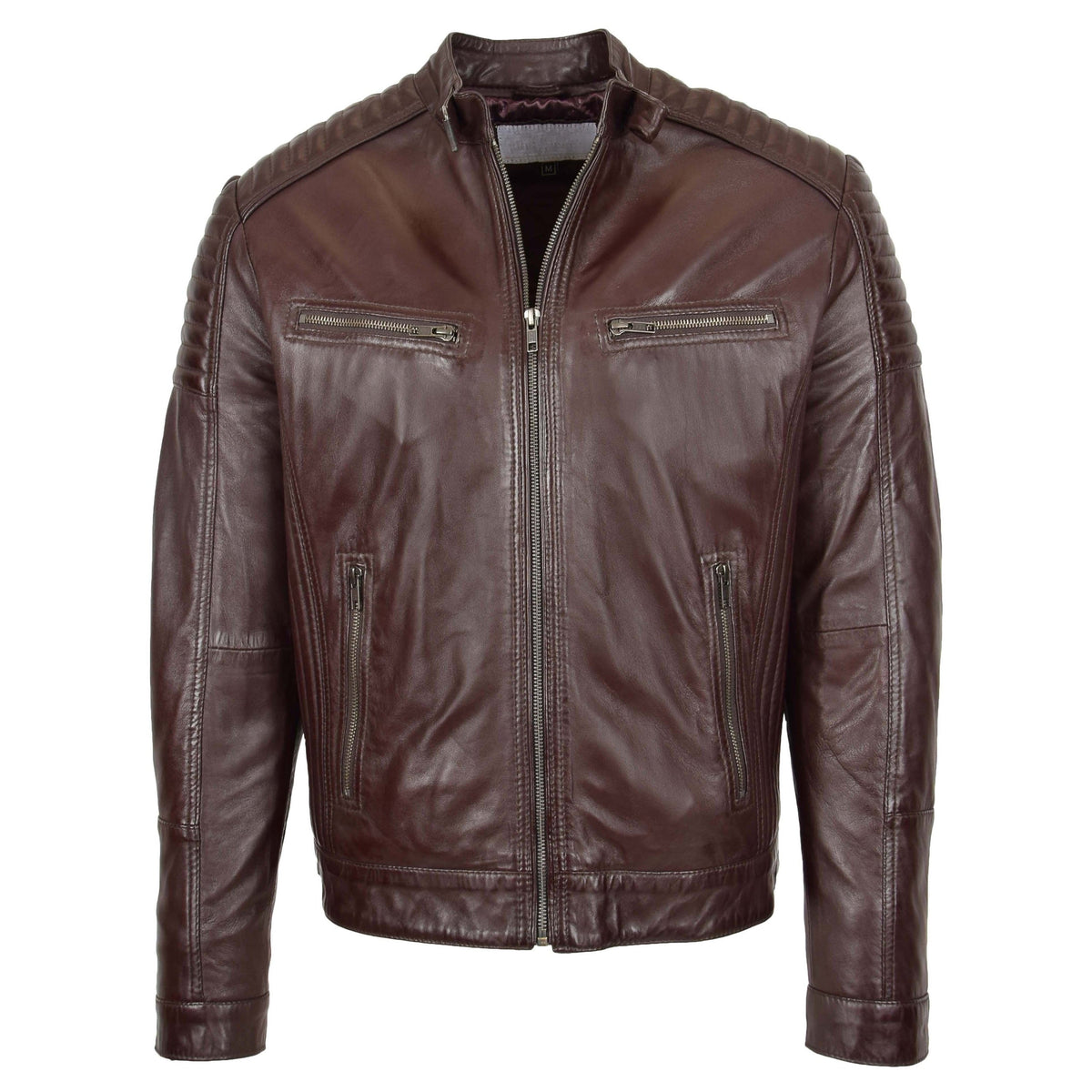 Mens Leather Cafe Racer Biker Jacket Ron Brown - genuine leather jacket in brown with four outer pockets